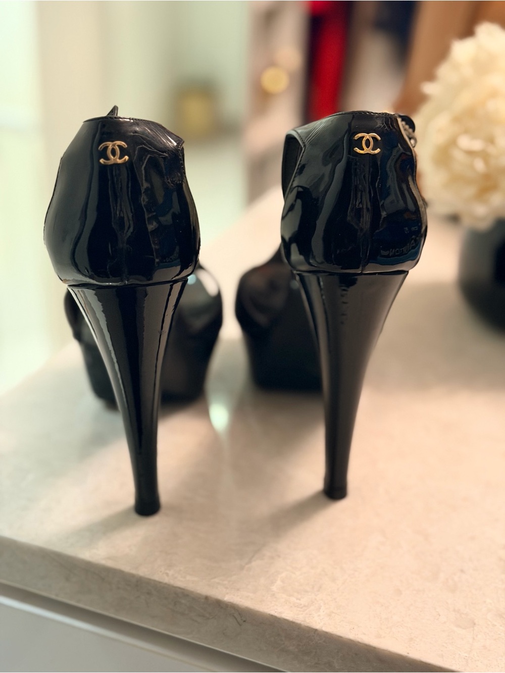 CHANEL Black Satin Platform Ankle-Strap Pumps - Picture 6 of 7
